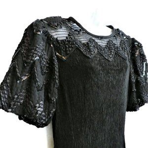 Vintage Black Evening Dress Ric Rac Sequin Puff Sleeves Crinkle Sheath Union Tag